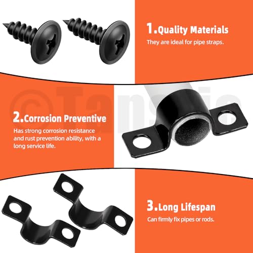 Tanstic 25Pcs Black Two Hole Pipe Strap, 3/8” Two Hole Strap U Bracket Rigid Pipe Strap Pipe Strap Clamp with Phillips Modified Truss Head Wood Screws for Fixing Pipe, Conduit, U Bracket - size: 3/8 Inch