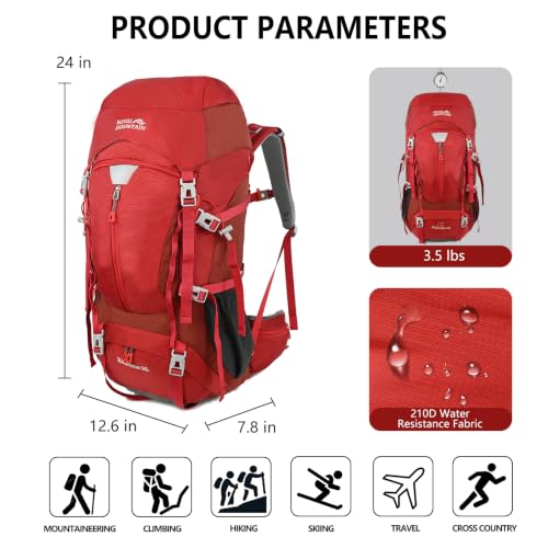 50L Hiking Camping Backpack for Men Women Lightweight Backpacking Back Pack | Waterproof Travel Outdoor Sport Climbing Daypack with Rain Cover - color: Red