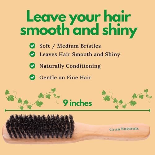 GranNaturals Boar Bristle Slick Back Hair Brush - Large Soft/Medium Smoothing Hairbrush to Style, Polish, & Lay Hair Down Flat to Create a Sleek Frizz Free Hairstyle for Women and Men