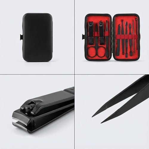 Luxury 10-in-1 Professional Manicure Set - Premium Stainless Steel Nail Clippers & Grooming Kit with Elegant Travel Case for Ultimate Hand, Foot & Facial Care (Black/Red) - color: Black/Red