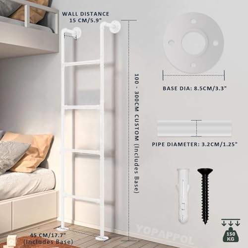 Wall Mounted Metal Step Ladder for Home Loft, White Wrought Iron Basement Window Well Egress Ladder Strong Bunk Bed Climbing Ladders with Kit, 100-300cm(175cm/69in) - size: 175cm/69in