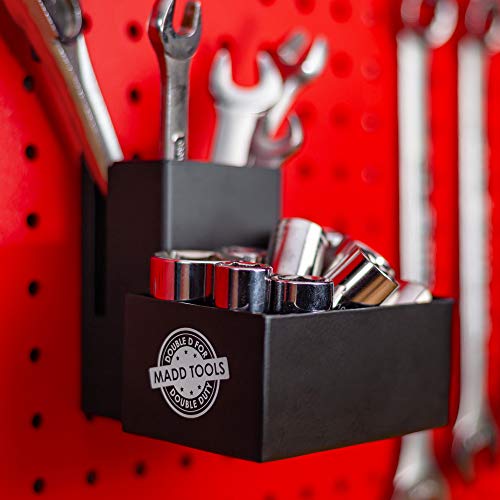 Pegboard Tape Measure Holder Organizer, Pencil Box & Square Holder, Black | 16 Gauge Steel Peg Board Organizer Accessories with Heavy Duty 1/4" Peg Board Hooks, Pegboard Tool Organizer