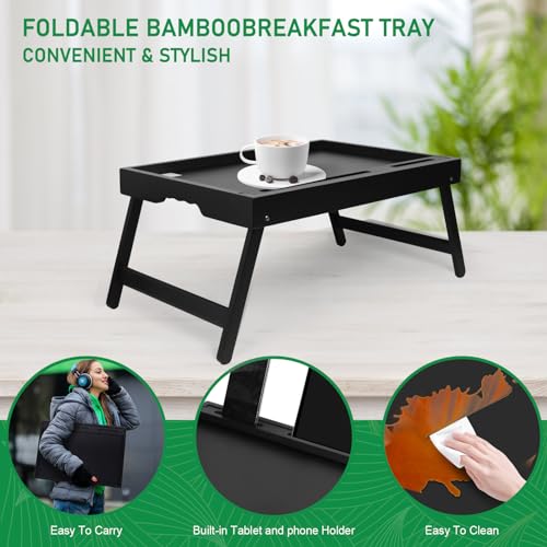 Artmeer Bamboo Bed Trays, Folding Legs, Phone/Tablet Slots, 2-Pack, Black - color: Black, size: Medium (Pack of 2)