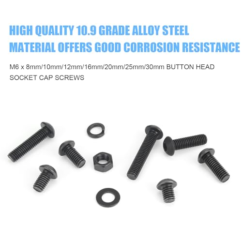 DYWISHKEY 152 Pieces M6 Black Screws, 10.9 Grade Alloy Steel M6x 8/10 /12/16 /20/25 /30mm Button Head Socket Cap Screws Bolts Nuts Washers Assortment Kit - size: M6, style: Button Head Socket Cap