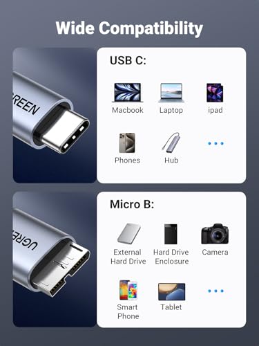 UGREEN 10Gbps USB C to Micro B Cable 3.3FT for External Hard Drive | 10Gbps transfer speed, braided shield, 40000+ bend tests, aluminum alloy shell, wide device compatibility - size: 3.3 FT