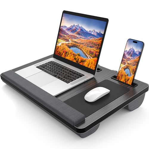Laptop Lap Desk, Portable Large Laptop Desk for Bed, Up to 17 in Laptop Table with Wrist Rest, Mouse Pad, Tablet Phone Slot, Portable Handle, Laptop Lap Table with Cushion (Black and Light Brown)