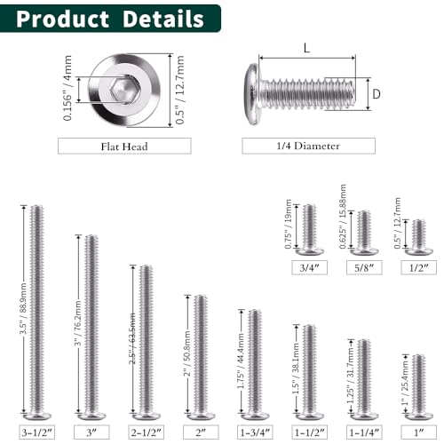 1/4-20 x 3-1/2" Hex Socket Head Cap Screws, 304 Stainless Steel 18-8, Chamfered Countersunk Machine Screws for Furniture, Binding, Machinery, Automotive, DIY Projects, 25 PCS - size: 1/4-20 x 3-1/2"