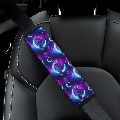 Universal Fit Seat Belt Cover for Adult Use, Stroller Pushchair High Chair, 2PCS Purple Owl On Crescent Moon Harness Pads Strap Shock Absorption - color: Pattern 32