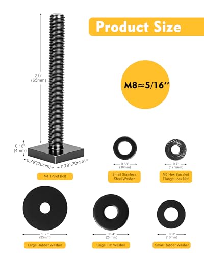 T Slot Bolts for Roof Rack Cross Bars, Platform, Cargo Basket, Stainless Square T Track Bolt Adapter to Secure Bike/Ski/Kayak Rack, Solar Panel, Awning, 4mm Thick - color: M8x65mm, 8pk