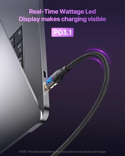 240W USB C to USB C Transparent Cable with LED Display Compatible with 140W 100W Fast Charging for MacBook Pro,lPhone 16/15/15Pro/15ProMax,Galaxy S23+/S23Ultra/S22,4ft 2Pack,Black - size: 4Ft 2Pack