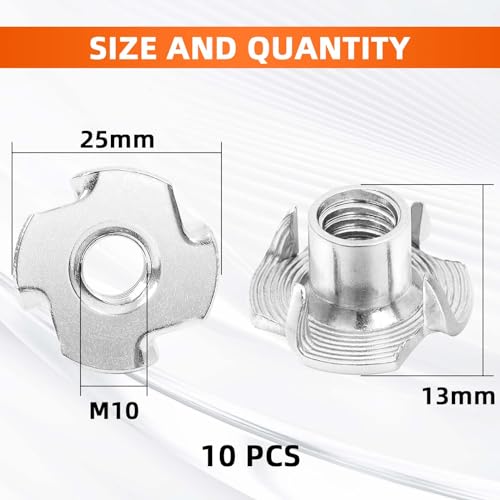 M10 T-Nut, Barrel Length 12mm, 304 Stainless Steel Threaded Insert, 4-Pronged Tee Nut for Wood, Rock Climbing Holds, Cabinetry, Furniture, 10 PCS - size: M10