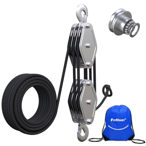 Block and Tackle 2200 LBS Breaking Strength Heavy Duty Pulley, 50 Ft 3/8" Rope Pulley, 5:1 Lifting Power Pulley System, Pulley Hoist for Animal Husbandry, Warehouses, Constructions(Black) - color: BLACK