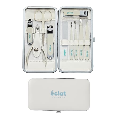 Éclat Manicure Pedicure Kit for Men & Women, 10Pcs Finger & Toe Nail Care Tools Includes Nail Clipper Cutter, Tweezer, File, Cuticle Pusher, Personal Care Professional Grooming Set With Travel Case - color: Medium Mani+pedi Set (10pc Cream)