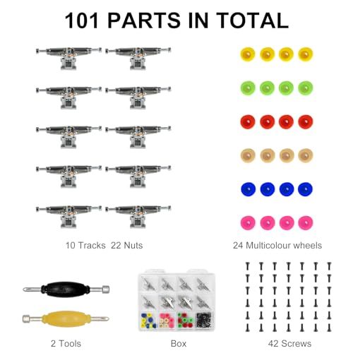 101PCS 33MM Ultra-Professional Extended Fingerboard Trucks & Multicolor Bearingless Wheels & Black Screws & Nuts & Spanner Tool Parts Kit Case for Fingerboard Skateboard Wooden Deck