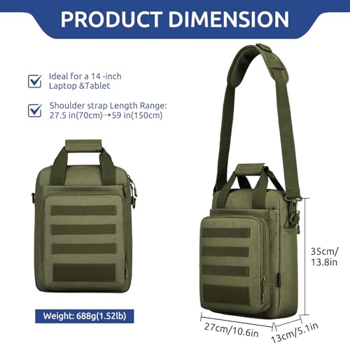Tactical Messenger Bag, Laptop Briefcase MOLLE Shoulder Pack Handbag | Heavy Duty, Adjustable Strap, Water-resistan, Fit 14inch Tablet, Satchel Work Bag, for Outdoor, Hiking, Travel - color: Army Green