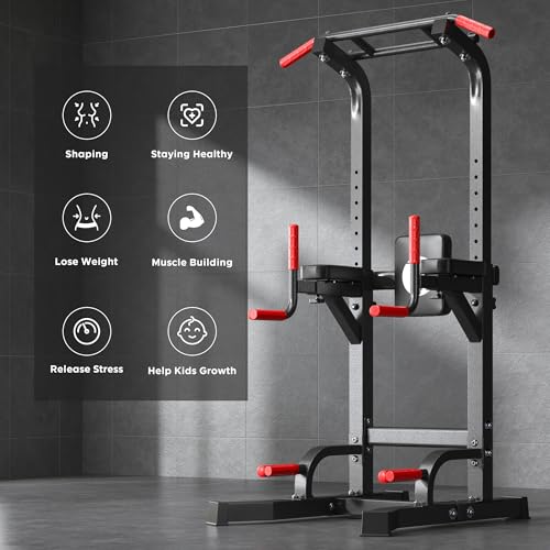 DlandHome Power Tower Pull Up Bar Station, 10 Level Adjustable Height | Heavy Duty Pull Up Dip Station for Home Gym Strength Training Equipment, Comfortable Backrest, 330LBS Weight Capacity - color: Black