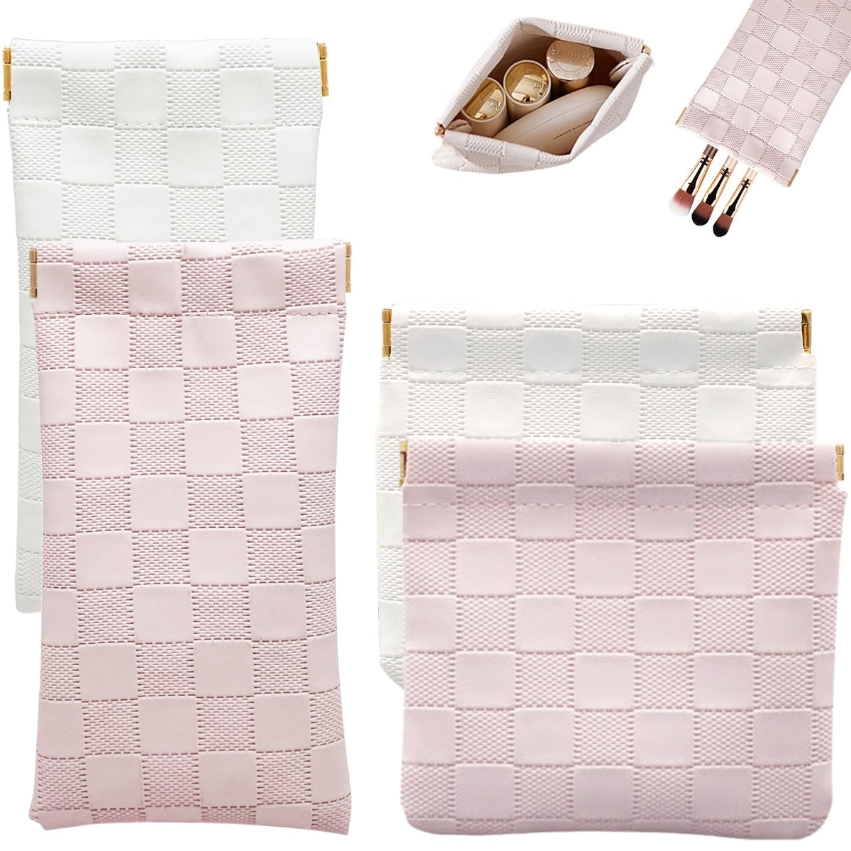 4PCS Small Makeup Bag for Purse, Mini Leather Pocket Cosmetic Bag for Women, Waterproof Portable Makeup Pouch No Zipper Coin Purse Lipstick Bag Accessories, Checkered Travel Storage Bag(White, Pink)