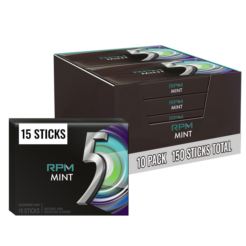 5 Gum RPM Mint Sugar-Free Gum Bulk — 150 Sticks, 10 Packs of 15