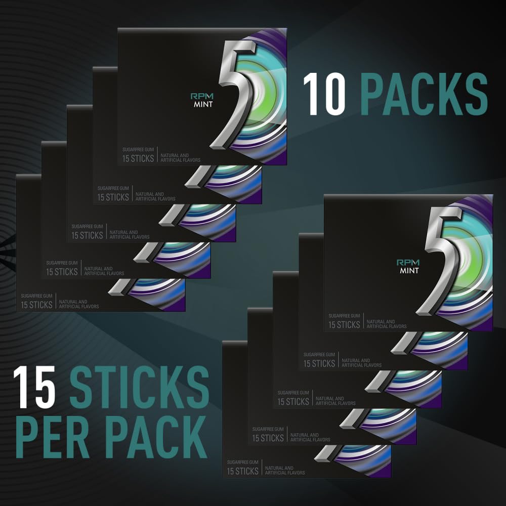 5 Gum RPM Mint Sugar-Free Gum Bulk — 150 Sticks, 10 Packs of 15