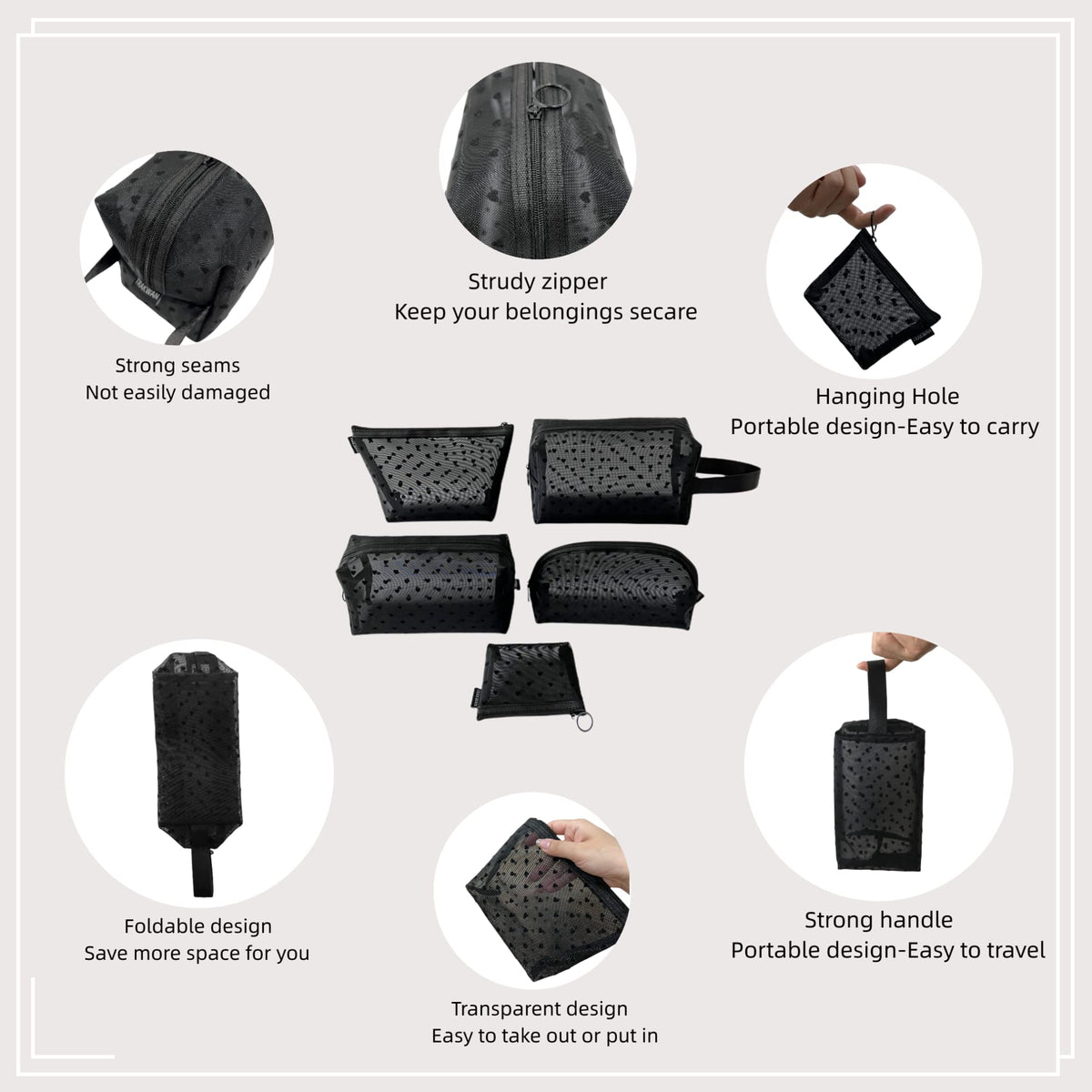 5 Pieces Heart Printed Mesh Makeup Bag Set, Portable Travel Mesh Cosmetic Bags Toiletry Bags Makeup Purse Bags with Zipper Storage Pouches for Home Offices Travel Accessories (Black)