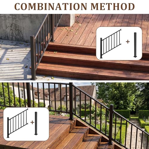 Aluminum Deck Railing Kit, Modular 36 in H. x 2 Ft W Stair Railing Kit for Outdoor Steps,Heavy Duty Balustrade System for Deck, Porch, Patio & Balcony(1 Post, 1 Panel) - size: 2 Feet-Stair