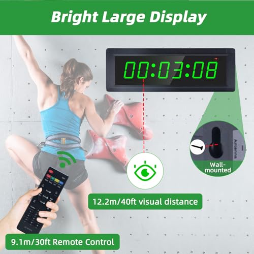 Gym Timer Clock with Remote Control & Push Button,7 RGB Color, Programmable Interval Timer, Countdown/Up Stopwatch,Wall Clock for Home Gym Garage,Portable Training Accessories(Battery) - style: battery