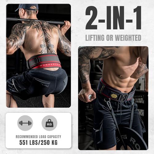 MANUEKLEAR 2-in-1 Weightlifting Belt & Dip Belt with 36.7 IN Rope, Double-Layer Weight Lifting Belts, Powerlifting Gym Weighted Belt for Pull Up Squat - color: Vibrant Red, size: XL(38-41in)