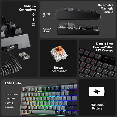 TECWARE Phantom+ Elite 87 Key RGB Mechanical Gaming Keyboard | 3-Mode Wireless Bluetooth 5.0, 2.4GHz & USB-C Wired | Hot-Swappable 5-Pin | Double-Shot PBT Keycaps | Wraith Brown Switch - Black - color: Brown Switch, size: Phantom+ Elite 87 | Black