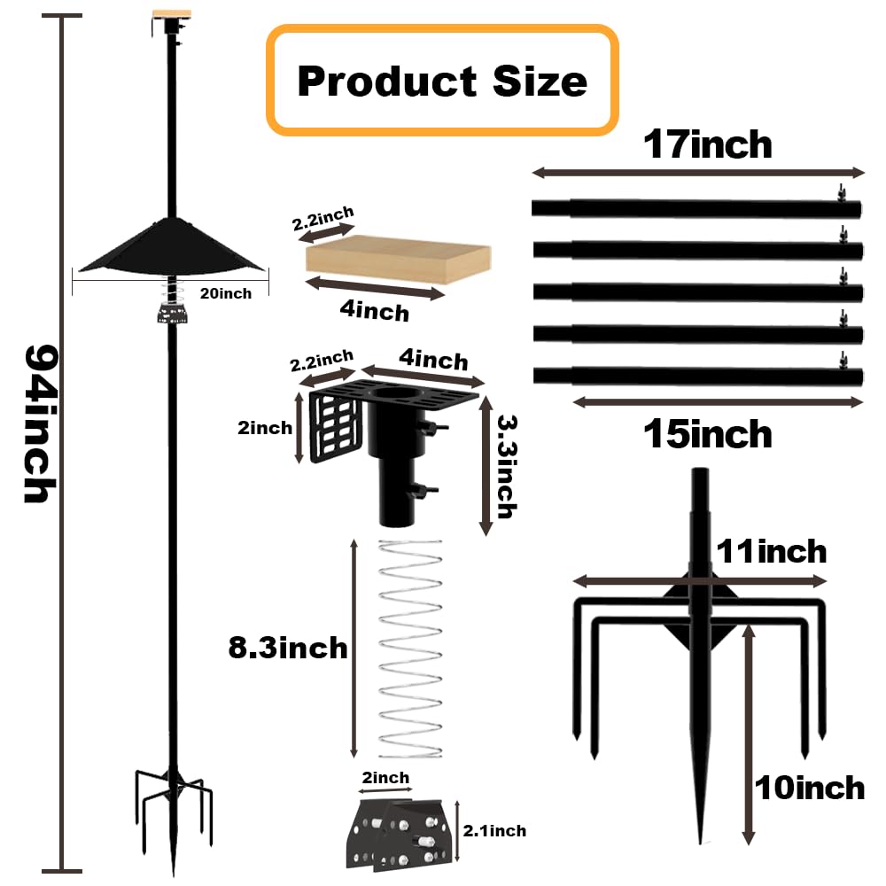 Smart Bird Feeder Pole With Metal Squirrel Baffle,94 Inches Bird House Poles For Outdoors,1-Inch Dia Heavy-Duty Pole For Bird Feeder,Squirrel Proof Baffle with Stainless Steel Spring for Defense.