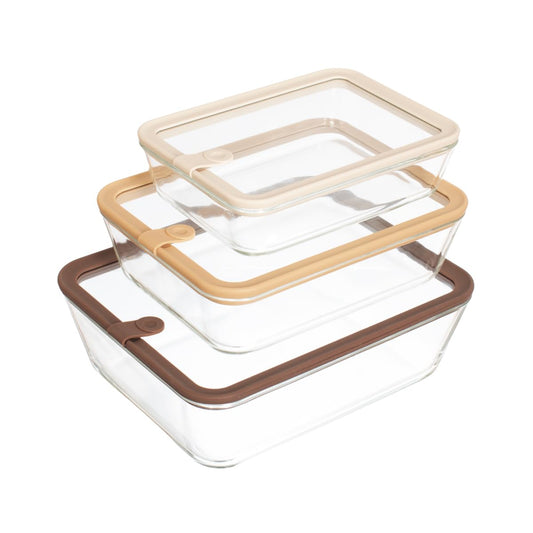 Glad Glass Food Storage Containers, Set of 3 - Airtight Vacuum Sealed Steam Vent Lids - Rectangular Borosilicate Glass Dishes with Ombre Green Lids - Assorted Sizes for Meal Prep & Leftovers, Brown