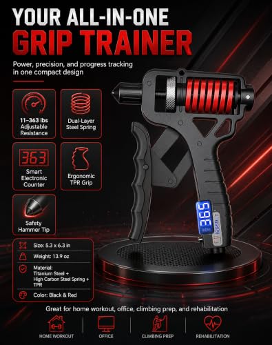 Adjustable Digital Counting Hand Grip Strengthener, 11-363 lbs | Double Spring Grip Strength Trainer, Smart Electronic Counter, 11-363 lbs Forearm Exerciser For Climbing And Fitness - color: Red