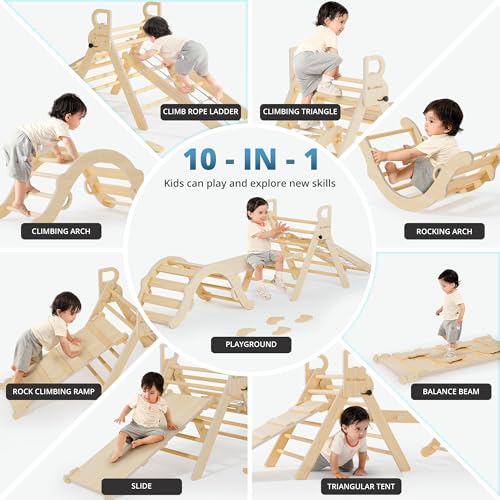 10-in-1 Pikler Triangle Set, Climbing Toys for Kids Natural Rustic - color: Natural Rustic