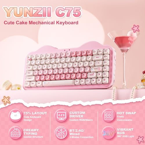 YUNZII C75 Cute 75% Wireless Mechanical Keyboard (Pink, Milk Switch) | Creamy Cake Keyboard, BT5.0/2.4G/USB-C, Hot-Swap, NKRO, PBT MOA Keycaps,5500mAh RGB Gasket Mount for Mac/Win/Gaming/Office - color: Pink, size: Milk V2 Switch