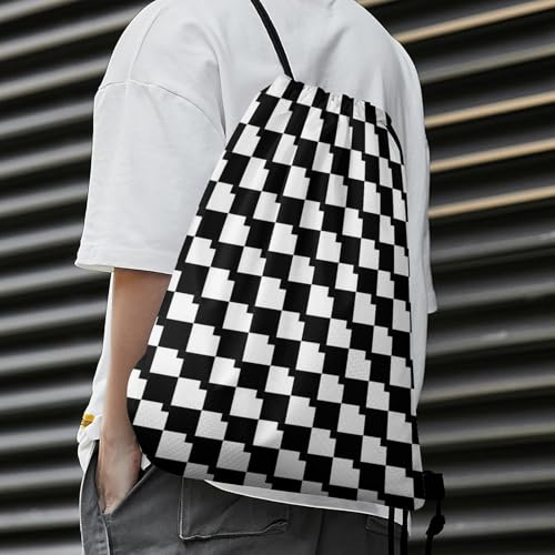 Sports Drawstring Bag Gym Sackpack Waterproof String Backpack for Running Training Fitness Men Women Unisex, Race Checkerboard Checkered Black And White Bags - color: Picture (33)