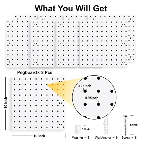 8Pcs Pegboard Wall Organizer Panels, White Pegboard Wall Mount | 10"x 10" ABS Pegboard for Craft Room, Garage, Kitchen, Living Room, Bathroom, Study Room, Peg Boards for Walls - size: White Peg Board- 8Pcs