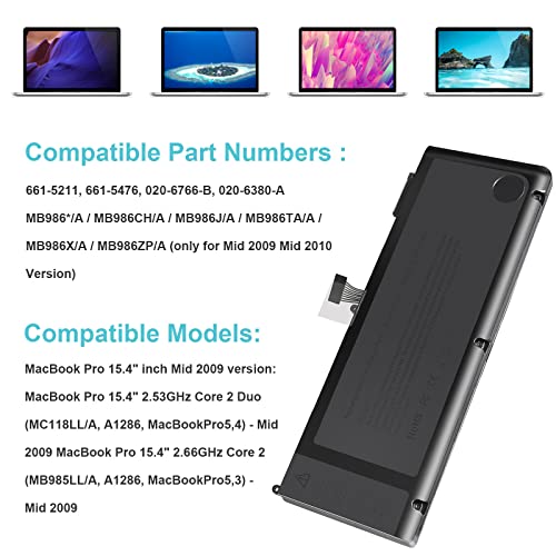 A1321 A1286 (Only for Mid 2009 Mid 2010 Version) Laptop Battery for MacBook Pro 15 Inch Battery A1321 A1286 MC371LL/A MC372LL/A MB985 MB986 MC118 020-6380-A 020-6766-B 661-5211 661-5476 661-5844 73Wh - size: 10.33*3.01*1.13inch
