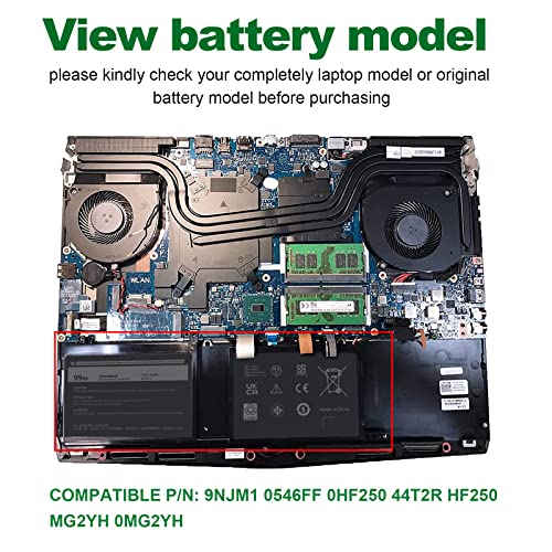 9NJM1 Battery Replacement for Dell Alienware 17 R4 R5 15 R3 R4 Alienware 15 2018 ALW17C-D1758 P31E P31E001 P31E002 P69F P69F001 P69F002, HF250 0HF250 0MG2YH 9NJMI 44T2R MG2YH 01D82 546FF HF25D 0546FF - size: 11.34*4.21*0.51inch