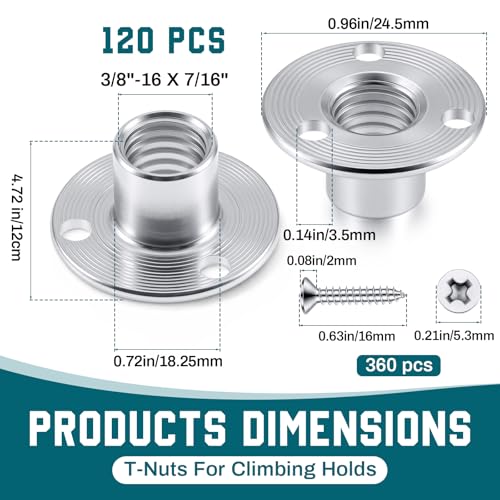 120 Pcs 3/8-16 x 7/16" T-Nuts with 360 Pcs Screws for Climbing | Brad Hole Tee Nut Corrosion Resistant Heavy Duty Flange Female Thread Insert Nuts for Wood Rock Climbing Holds Furniture
