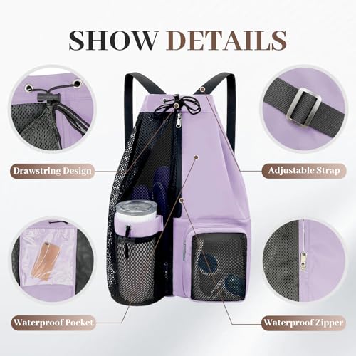 Beach Backpack with Wet Pocket Drawstring Mesh Beach Bag Waterproof Swimming Pool Backpack for Men and Women - color: Purple