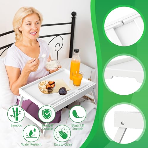 Bed Tray Table with Handles Folding Legs Bamboo Breakfast Food Tray with Media Slot for Platters,Laptop Desk,Snack,TV Tray Kitchen Serving Tray | FSC-certified bamboo bed tray with phone/tablet slot, folding legs, handles and raised edges for meals, lapto