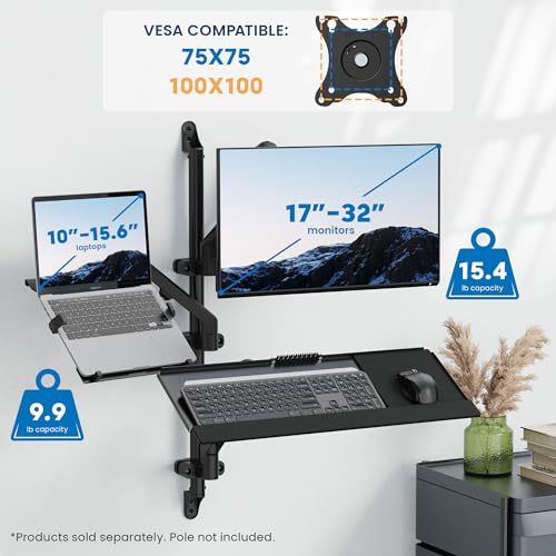 Mount-It! Keyboard Wall Mount & Pole Mount, Swivel Keyboard & Mouse Tray | Wall or pole mounted keyboard and mouse tray that swings out of the way, spring arm tilts 85°, swivels 90°, extends to 21.8" - style: Keyboard