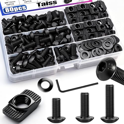 Taiss 80PCS M8 T-Nuts Screws Kit for 4040 4080 Series Aluminum Extrusion Black Carbon Steel M8x12/16/20mm Button Head Socket Cap Head Bolts and Drop in T-Nuts & Washers with Hex Wrench - size: 80PCS M8 T-Nuts Screw Kit