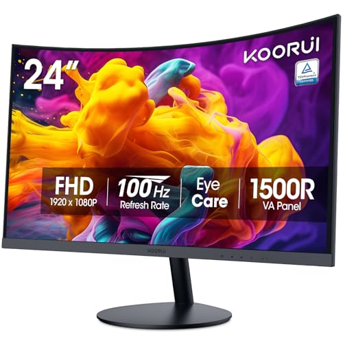 KOORUI 24 inch Curved Computer Monitor, FHD 100Hz VA 1500R PC Screen | Adaptive Sync, 99% sRGB, HDMI/VGA, Eye Care TÜV Rheinland Certified, Tilt Adjustable, Home Office, Study and Everyday Use - size: 24inch 100Hz/FHD/Curved