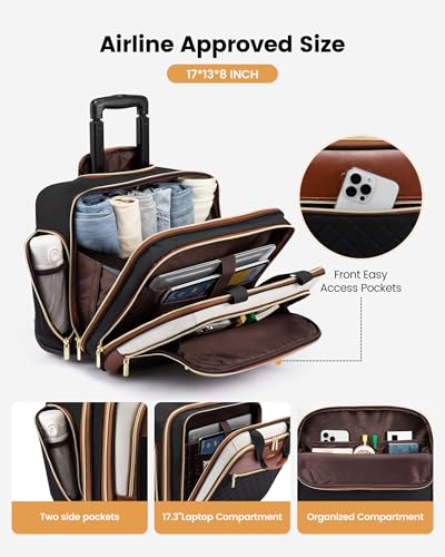 LOVEVOOK Rolling Laptop Bag for Women, Underseat Carry On Bag with Wheels | Fits 17.3 Inch Laptop, 30L Capacity, Silent Wheels, Rolling Briefcase, Carry On Luggage, Personal Item for Work Travel - color: Khaki-apricot