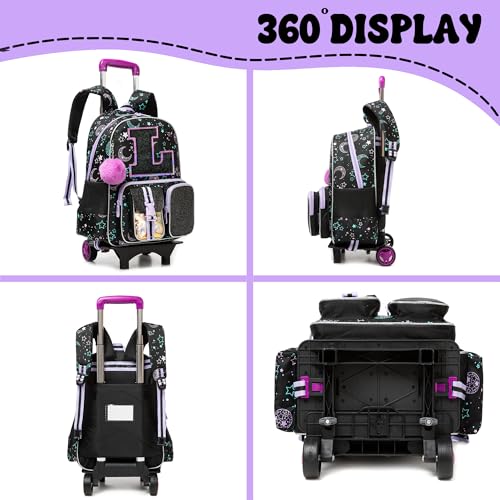 HTgroce Cute Rolling Backpack with Wheel,School Backpack for Kids Girl Roller Schoolbag Wheeled Backpacks Set Carry-on Luggage,Black L - color: Black, style: L
