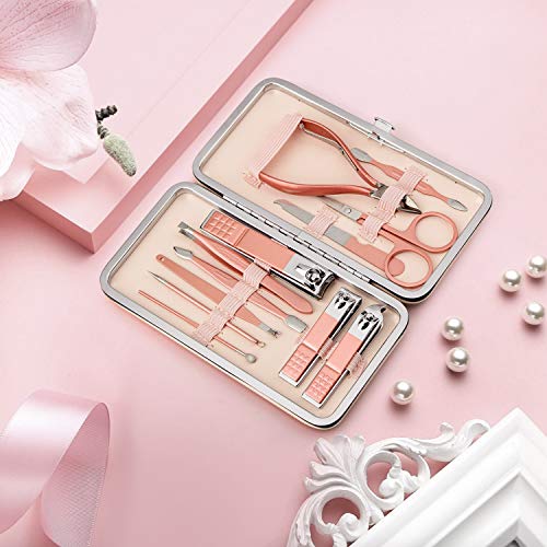 Manicure Set, 12 In 1 Stainless Steel Professional Pedicure Kit Nail Scissors Grooming Kit with Pink Leather Travel Case Pink - color: 12 in 1