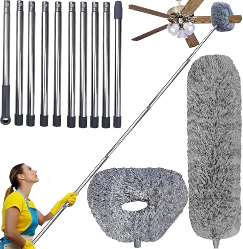 20+ Ft High Reach Ceiling Fan Duster &Microfiber Feather Brush Duster with 3-14 ft Spliceable Pole Microfiber Feather Duster for Spider Web, High Ceiling, Blinds, Furniture Cleaning Tool Kit