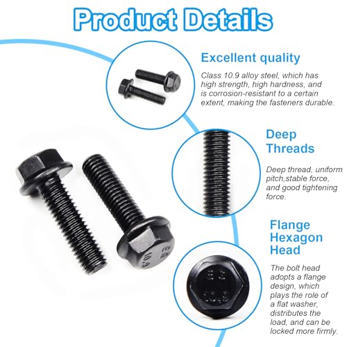 M8-1.25 X 16mm Flanged Hex Head Bolts Flange Hexagon Screws, External Flange Hex Drive Screws,Class 10.9 Black Finish,Alloy Steel, Fully Threaded, 25 PCS - size: M8x16mm