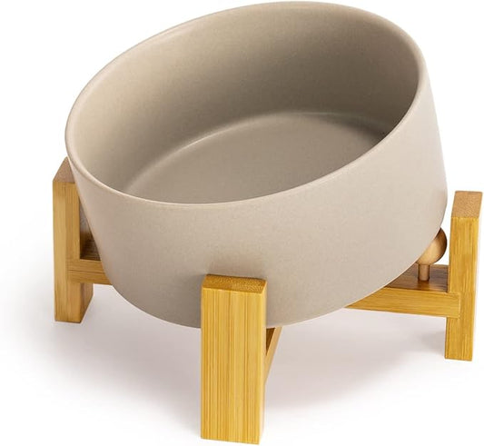 SPUNKYJUNKY 15° Slanted Ceramic Dog and Cat Bowl with Wooden Stand, Tilted Bulldog Food and Water Bowl No Slip Non-Spill for Cats Medium Dogs Big Face Pets 28.7 OZ (3.6 Cups, Grey)