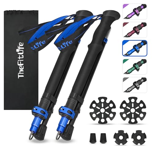 TheFitLife Collapsible Trekking Poles for Hiking – Lightweight Folding Walking Sticks for Men and Women with Extra-Long Foam Handle and Metal Flip Lock - color: Blue, size: 115-135cm for Users 5'8" or above
